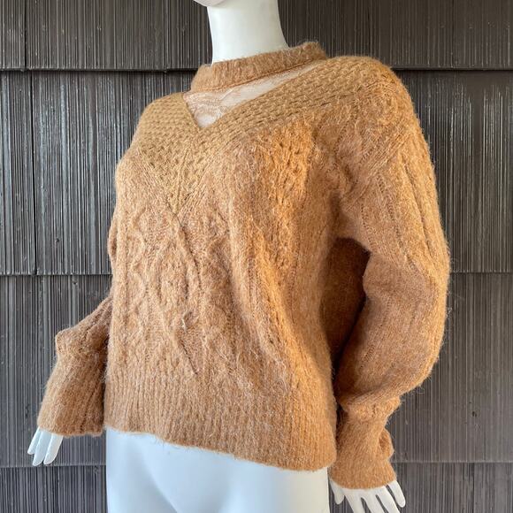 🔥Express Cable Knit Fuzzy Soft Pullover Sweater Bohemian Earthy Brown Size S - Picture 4 of 15